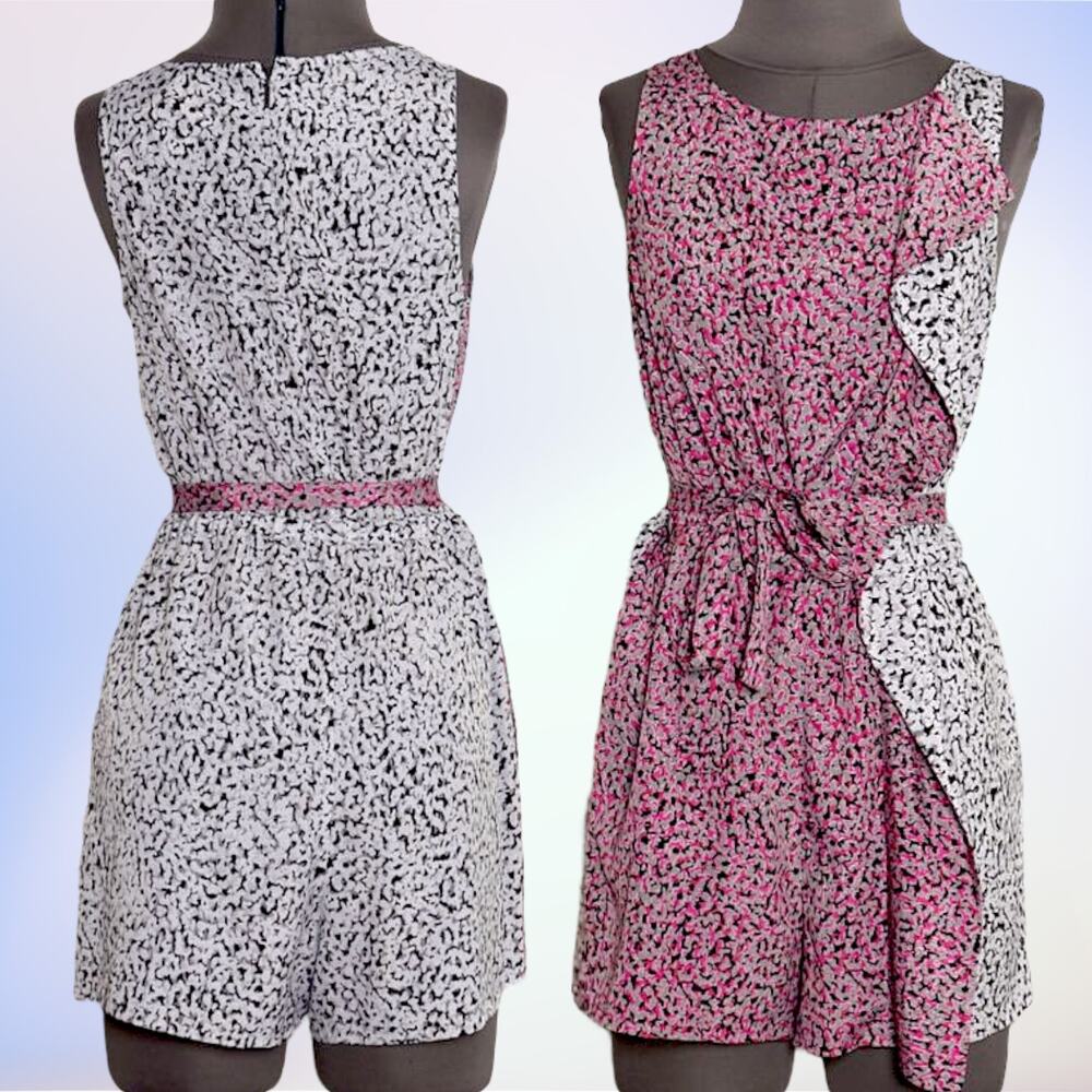 ARMANI EXCHANGE Tie Waist Cascade Romper Sleeveless Abstract Pink Black Cocktail